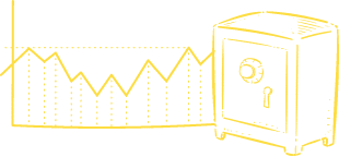 Junto a una caja fuerte con cerradura de combinación se dibuja un gráfico de líneas amarillas con picos irregulares, lo que sugiere seguridad financiera o protección frente a la volatilidad de los mercados.