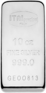 Lingote de plata de 10 onzas con la inscripción ITALpreziosi ITALY, 10 oz FINE SILVER 999.0 y el número de serie GEO0813 grabados en su brillante superficie.