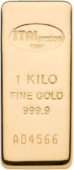 Un lingote de oro de un kilogramo con la inscripción ITALpreziosi ITALY, 1 KILO FINE GOLD 999.9, y el número de serie A04566 grabado en su superficie.