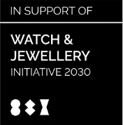 Black square graphic with white text reading IN SUPPORT OF WATCH JEWELLERY INITIATIVE 2030 and three minimalist geometric icons at the bottom.