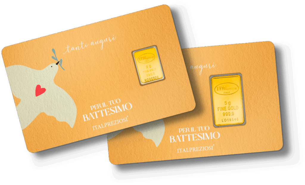 Due cartoncini di Compleanno arancioni con colomba bianca, cuore, ramo d'ulivo e lingotto d'oro. Il testo dice "PER IL TUO COMPLEANNO ITALPREZIOSI" e "tanti auguri".