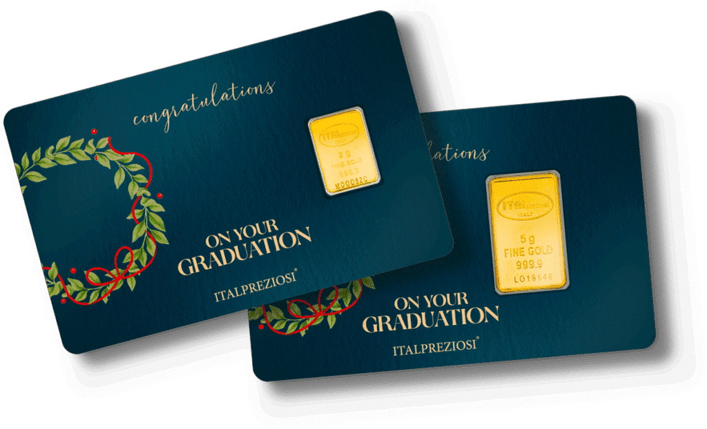 Two dark blue Graduation cards with gold bars, adorned with a leafy wreath and red ribbon. The text reads "Congratulations" and "On your graduation, Italpreziosi.