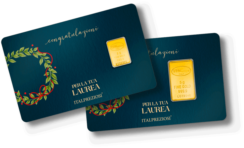 Due cartoline di Compleanno blu scuro con corona d'alloro dorata, "congratulazioni" e "PER LA TUA LAUREA ITALPREZIOSI". Ciascuna cartolina include un lingotto d'oro FINE GOLD 999.9 allegato.