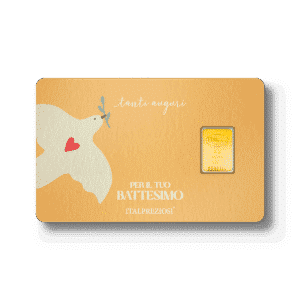 Il biglietto "Battesimo" presenta un disegno arancione con una colomba bianca che tiene un ramo d'ulivo e un cuore rosso sull'ala, il messaggio "tanti auguri", "Per il tuo Battesimo" e un lingotto d'oro sulla destra.