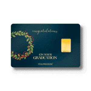 A dark blue "Graduation" card features a laurel wreath with a red ribbon on the left, gold text saying “Congratulations On Your Graduation ITALPREZIOSI,” and a small gold bar encased on the right.