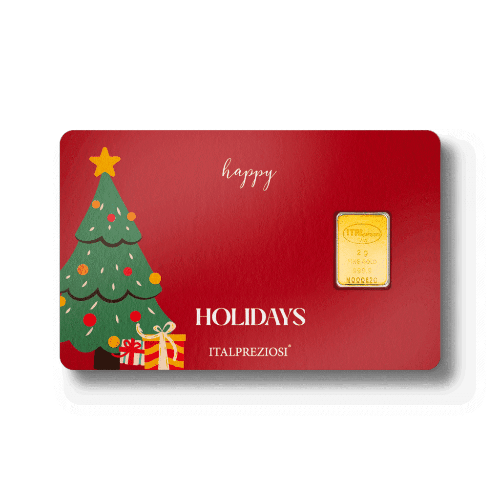 A festive red Christmas card displays a decorated tree, wrapped gifts, and a small gold bar, with "happy HOLIDAYS ITALPREZIOSI" printed on the front.