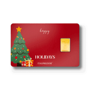A festive red Christmas card displays a decorated tree, wrapped gifts, and a small gold bar, with "happy HOLIDAYS ITALPREZIOSI" printed on the front.