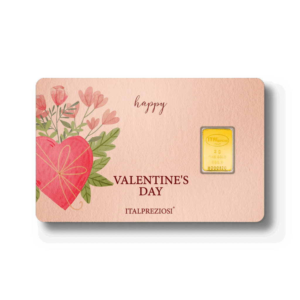 A Valentine’s Day card featuring floral and heart designs, “Happy Valentines Day” text, and a small ITALPREZIOSI gold bar embedded on the right.
