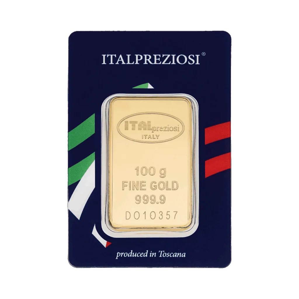 Il Lingotto Oro 100gr è un lingotto d'oro fino 999,9 in confezione blu con i colori della bandiera italiana e la scritta "Toscana" in basso.
