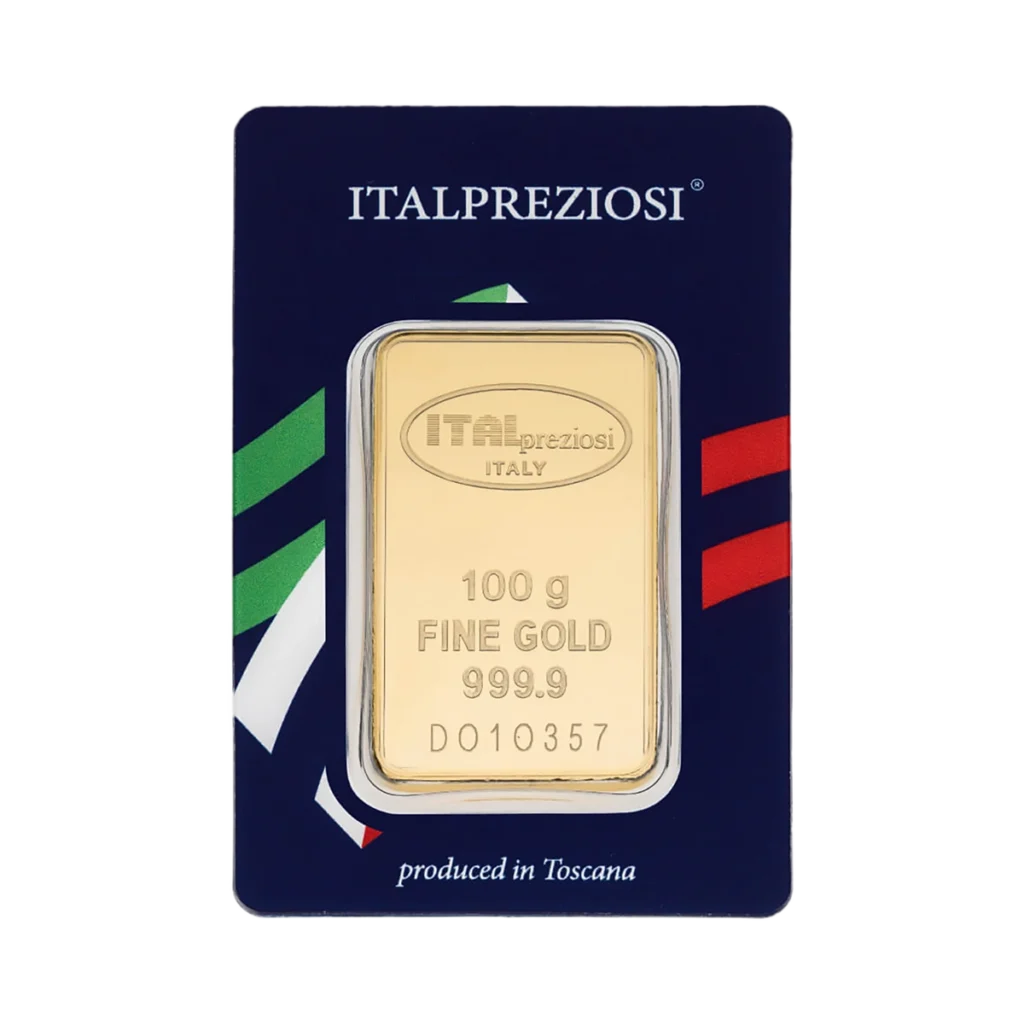 Un Lingote de oro 100gr, 999,9 oro fino, en un embalaje azul con los colores de la bandera italiana y el texto "prodotto in Toscana".