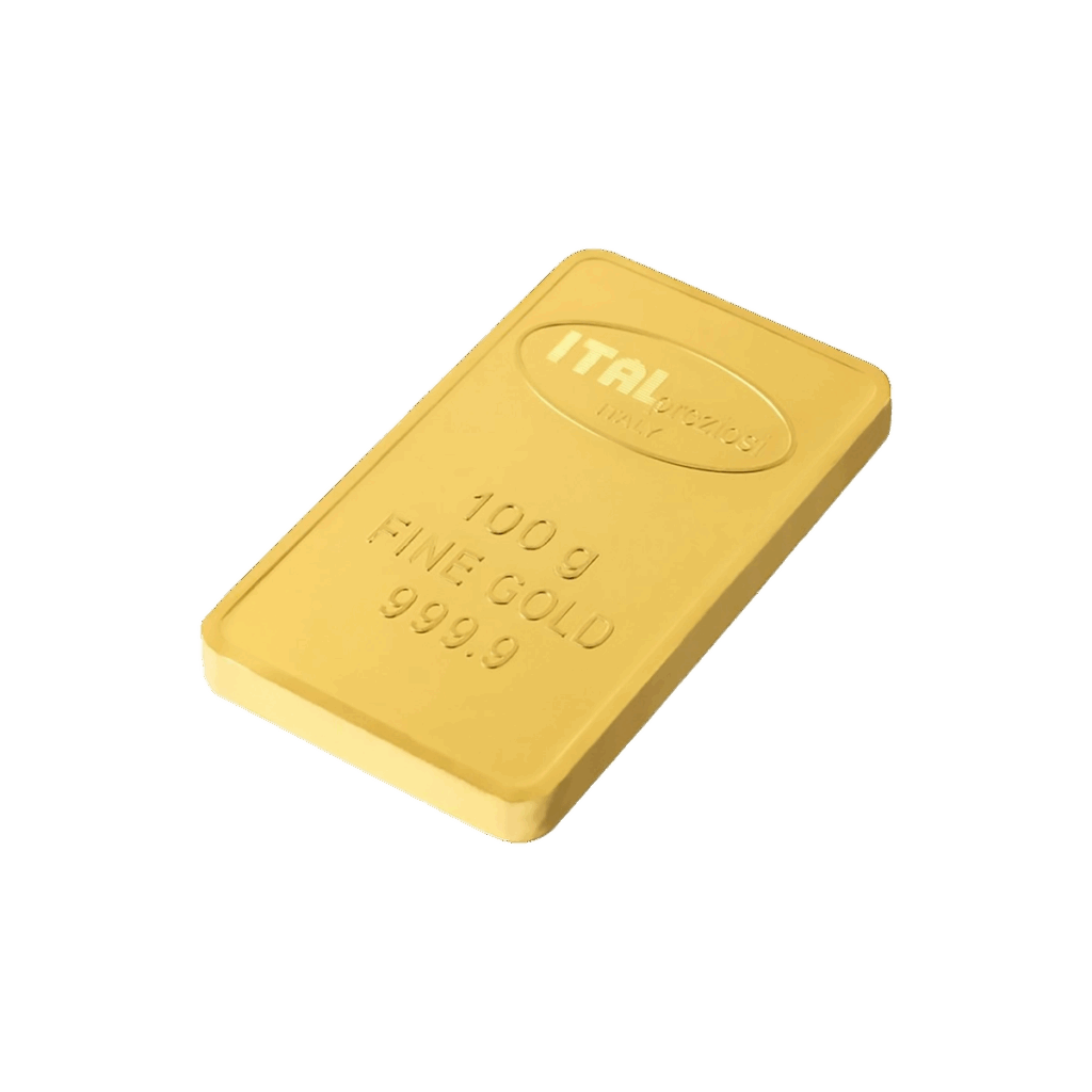 Il lingotto Oro 100gr riporta le diciture ITALPREZIOSI, 100 g, ORO FINE e 999,9 incise sulla superficie ed è raffigurato su uno sfondo bianco.