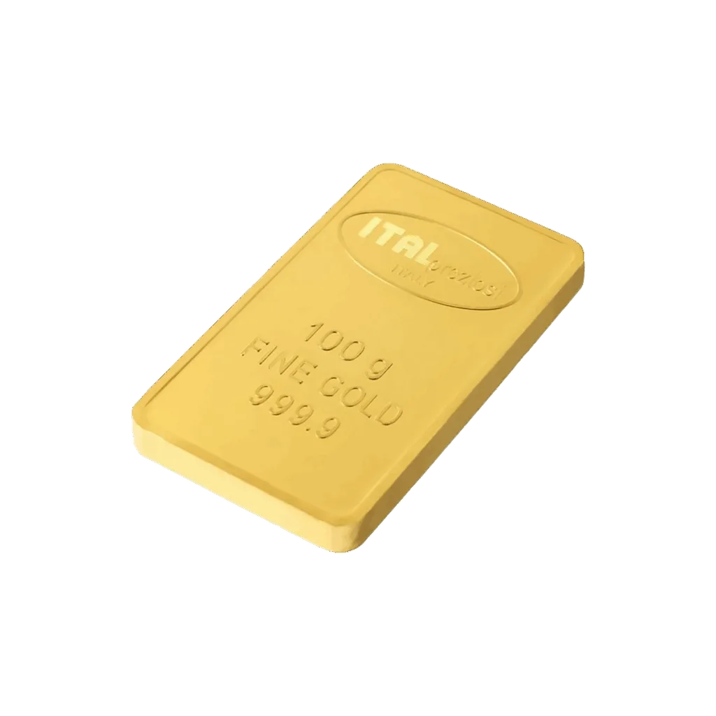 Il lingotto Oro 100gr riporta le diciture ITALPREZIOSI, 100 g, ORO FINE e 999,9 incise sulla superficie ed è raffigurato su uno sfondo bianco.