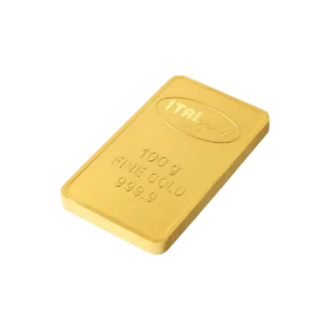 Un lingote de oro rectangular de 100 gramos estampado con ITALPREZIOSI, FINE GOLD y 999,9 descansa sobre un fondo blanco, lo que indica que contiene 100 gramos de oro fino.