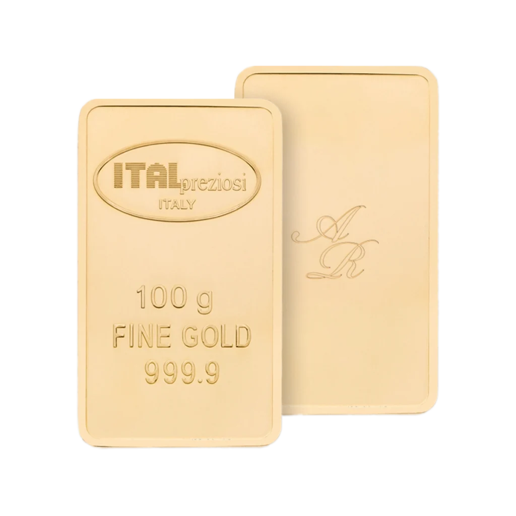 Dos lingotes rectangulares Lingote de oro 100 gr: en el anverso figura "ITALpreziosi ITALIA, 100 g ORO FINO 999,9", mientras que en el reverso aparece una inscripción decorativa AR. Ambos lingotes tienen un acabado liso y brillante.