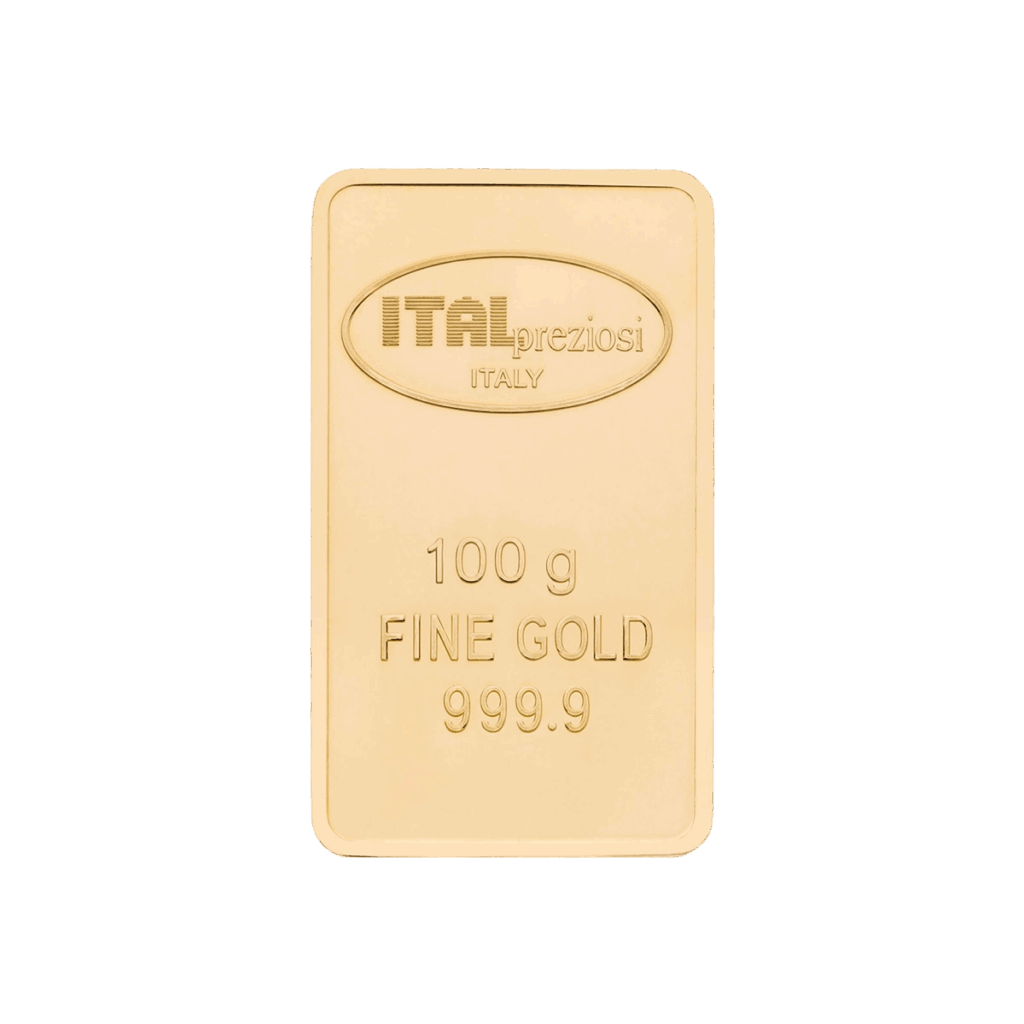 Lingotto Oro da 100gr. timbrato con ITALpreziosi ITALIA 100gr. ORO FINE 999,9, su sfondo bianco.