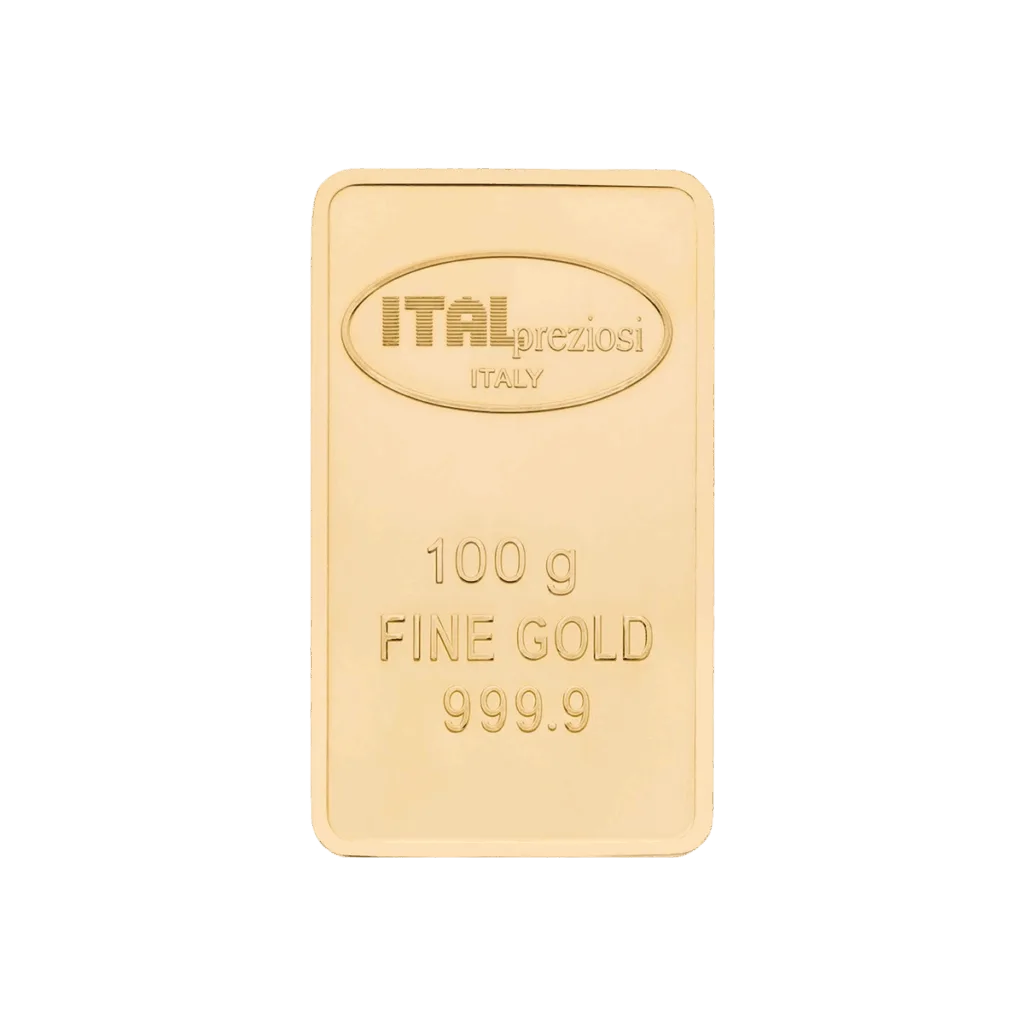 Lingotto Oro da 100gr. timbrato con ITALpreziosi ITALIA 100gr. ORO FINE 999,9, su sfondo bianco.
