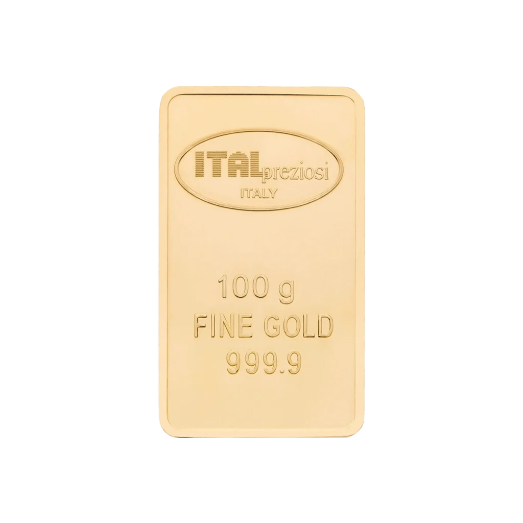 El Lingote de oro 100gr es un lingote de oro rectangular, liso, de 100 gramos de peso, grabado con ITALpreziosi ITALIA y 100 g ORO FINO 999,9 en el anverso.