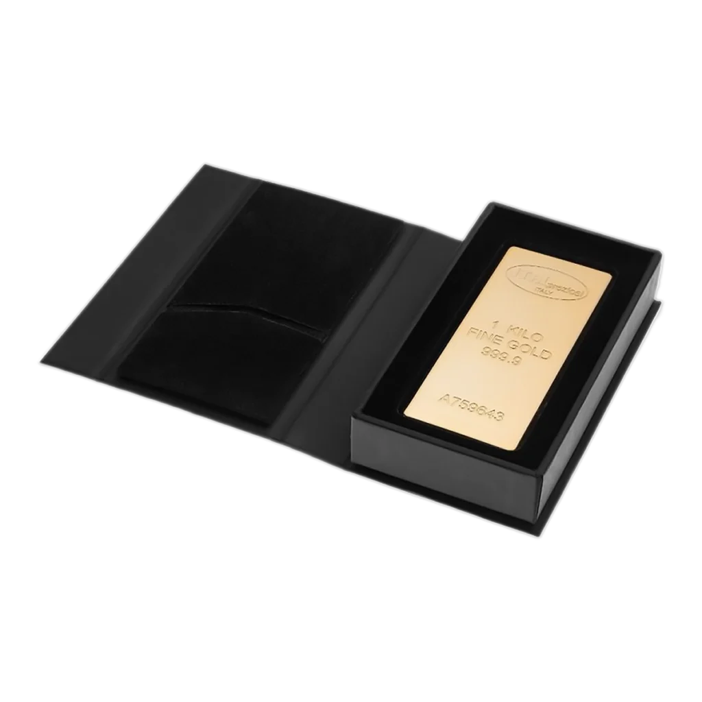 A 1kg Gold Bar with inscription, presented in an open black case featuring a velvet-lined interior.