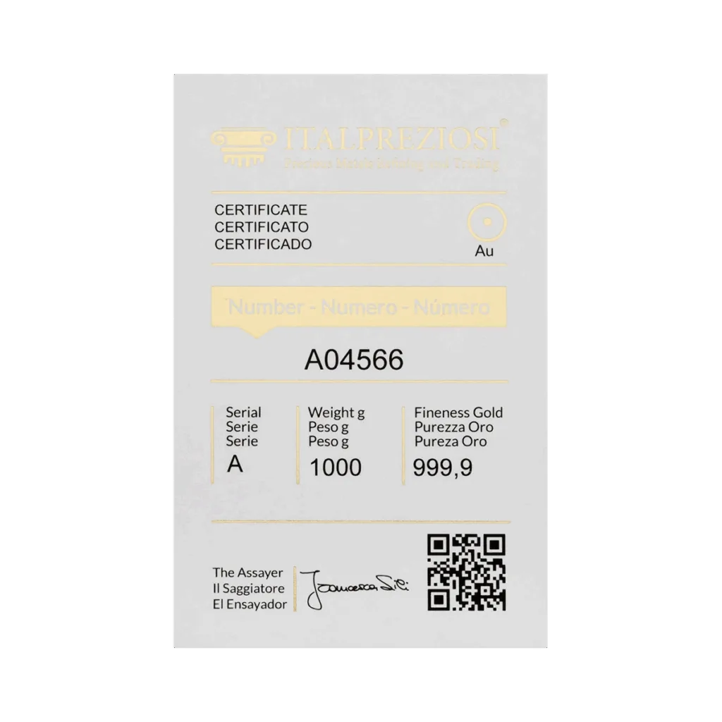 Certificato per lingotto Oro da 1 kg, serie A04566, finezza 999,9, firmato dal saggiatore, testo in inglese/italiano/spagnolo e codice QR.