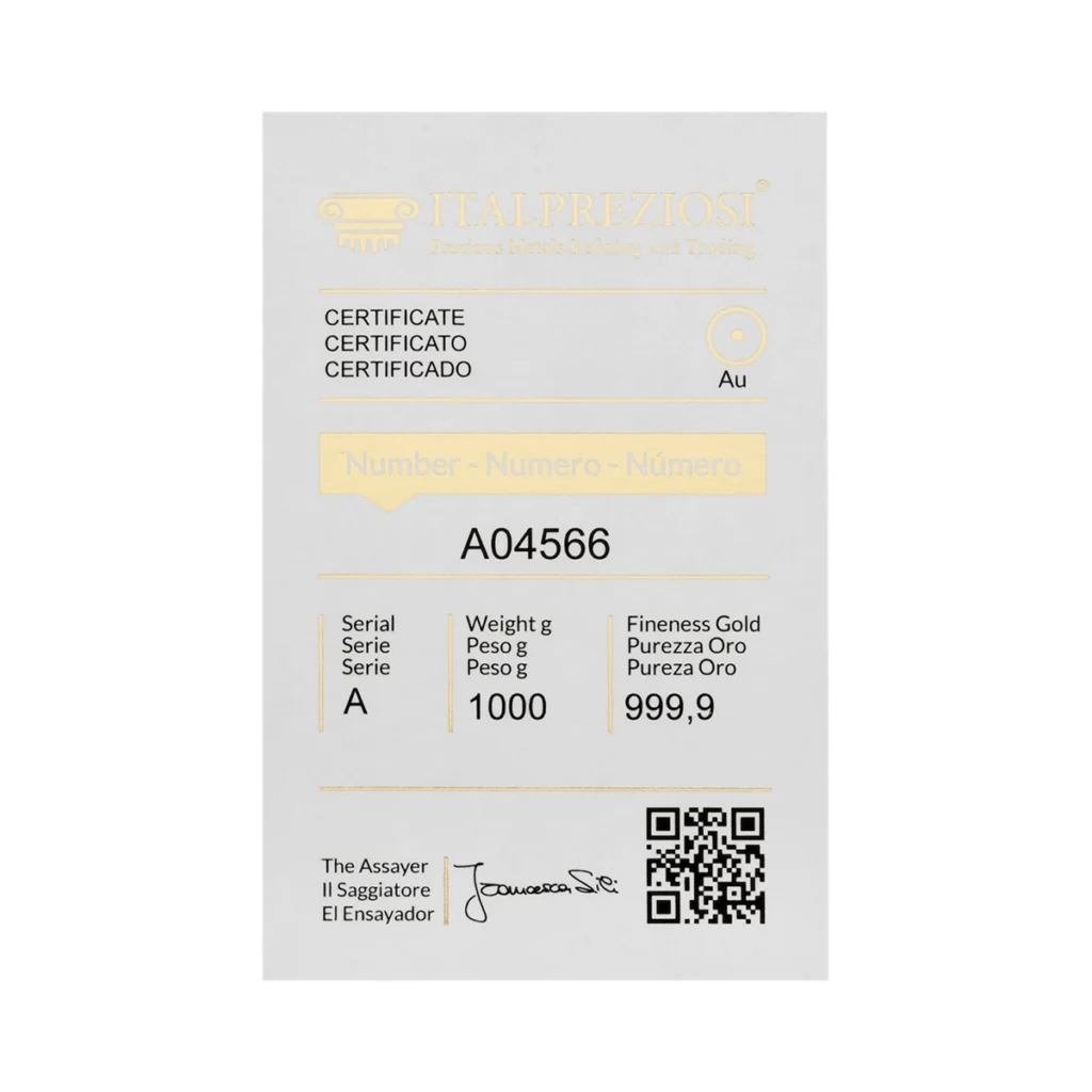 Certificate from Italpreziosi for 1kg Gold Bars, detailing serial number A04566, 1000g weight, and gold fineness 999.9. Features QR code, signature, and multilingual text English, Italian, Spanish.
