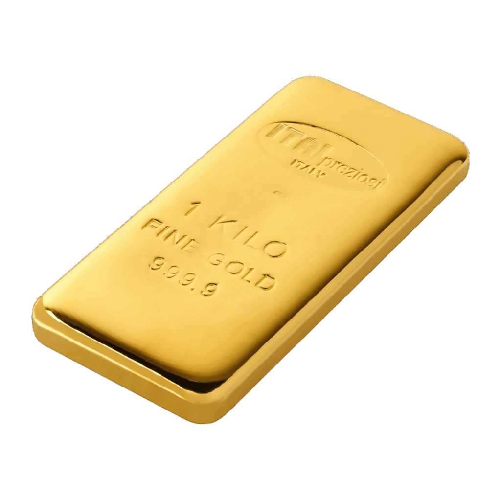 Il Lingotto Oro 1 kg è un singolo lingotto d'oro con bordi lisci, inciso con la scritta "1 KILO FINE GOLD 999.9" e incastonato su uno sfondo bianco.