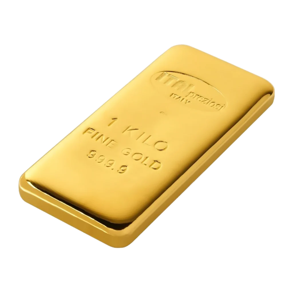 The 1kg Gold Bar is a shiny, rectangular gold bar stamped with “1 KILO FINE GOLD 999.9,” featuring smooth edges and displayed on a white background.