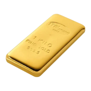 Sobre fondo blanco aparece un Lingote de oro 1000gr. El lingote de oro, liso y rectangular, pesa 1 kilogramo y lleva la inscripción "1 KILO FINE GOLD 999.9" junto con otros grabados en su superficie.