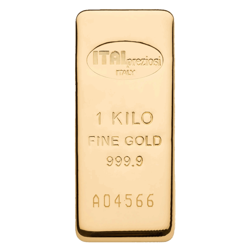 Lingotto Oro da 1 kg con timbro ITALpreziosi ITALIA, 1 KILO FINE GOLD 999.9 e numero di serie A04566.