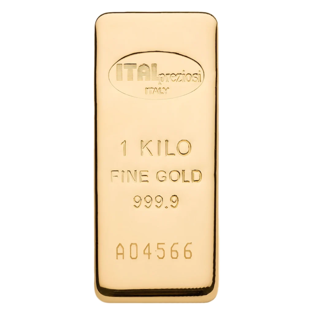 A 1kg Gold Bar stamped with “ITALPREZIOSI ITALY,” “1 KILO FINE GOLD 999.9,” and serial number “A04566” on its surface.