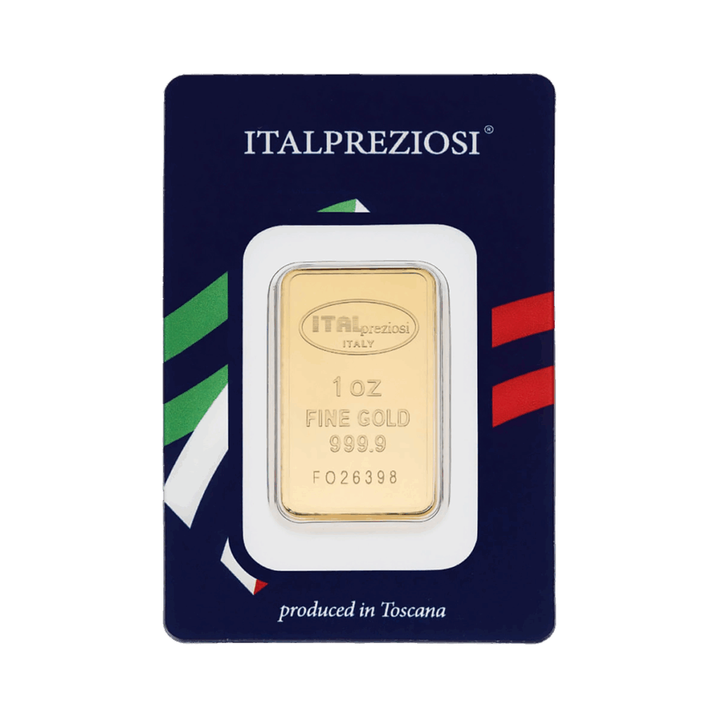 Il Lingotto Oro da 1 oncia di Italpreziosi è un lingotto da 1 oncia di oro fino 999,9, marcato ITALPREZIOSI ITALIA, e si presenta in una confezione blu con i colori della bandiera italiana. Il testo sottostante indica che è prodotto in Toscana.