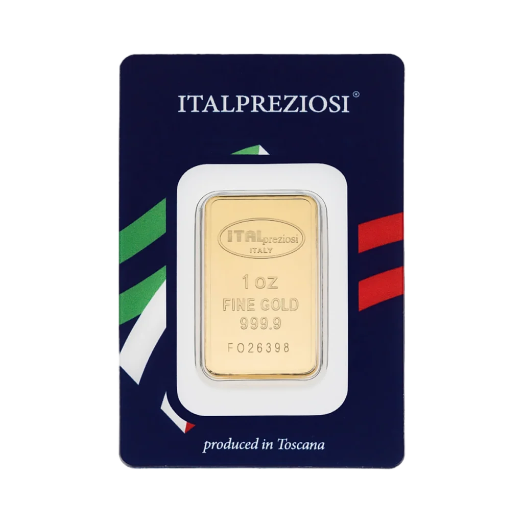 El Lingote de oro 1 onza es un lingote de oro de 1 onza en envase azul con rayas rojas, blancas y verdes y "Toscana" en la parte inferior. El lingote lleva estampados su peso y su pureza.