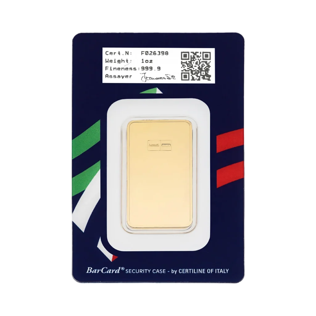 La Lingote de oro 1 onza va precintada en un estuche Certiline con una etiqueta que muestra un código QR, el número de serie, el peso y detalles de finura, además de un diseño de color inspirado en Italia.