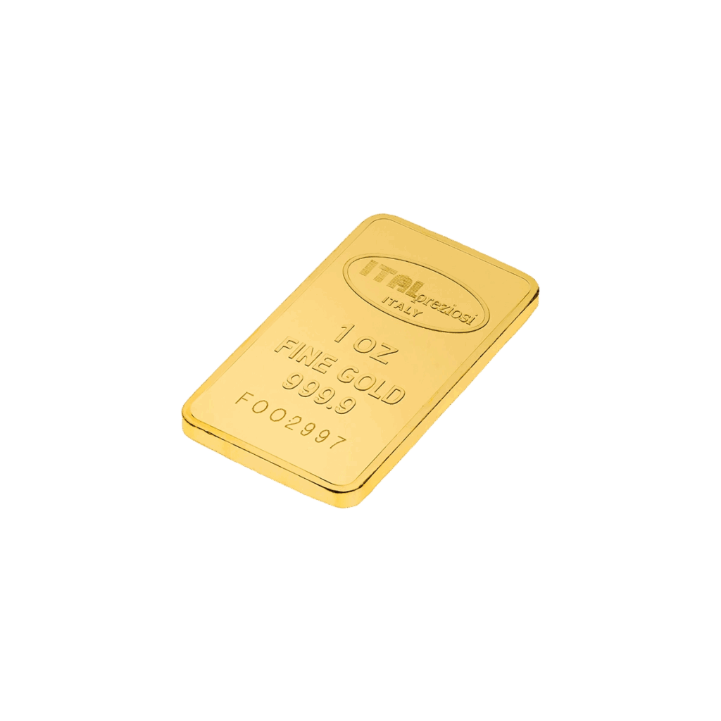 Un singolo lingotto Oro 1 oncia con timbro 1 OZ FINE GOLD 999.9 e numero di serie, su sfondo bianco.