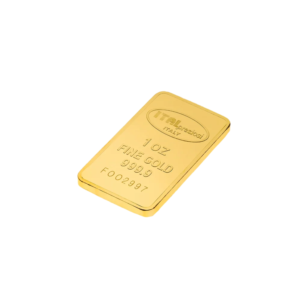 A Lingote de oro 1 onza, rectangular y brillante, con la inscripción "1 OZ FINE GOLD 999.9" y número de serie visible, es mostrado en ángulo sobre fondo blanco.