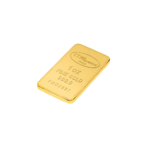 A Lingote de oro 1 onza, rectangular y brillante, con la inscripción "1 OZ FINE GOLD 999.9" y número de serie visible, es mostrado en ángulo sobre fondo blanco.