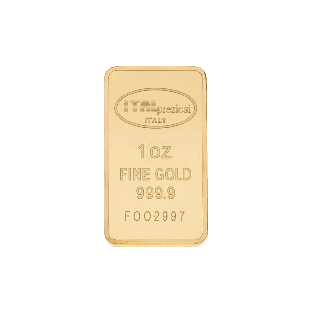 Il Lingotto Oro 1 oncia è un lingotto d'oro rettangolare da 1 oncia con la dicitura ITApreziosi ITALIA, 1 OZ FINE GOLD 999.9 e il numero di serie F002997, su sfondo bianco.