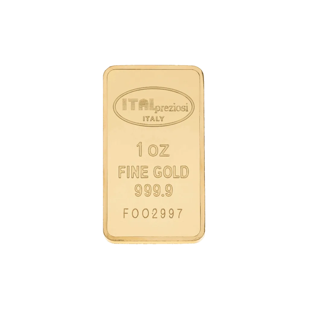 Il Lingotto Oro 1 oncia è un lingotto d'oro rettangolare da 1 oncia con la dicitura ITApreziosi ITALIA, 1 OZ FINE GOLD 999.9 e il numero di serie F002997, su sfondo bianco.