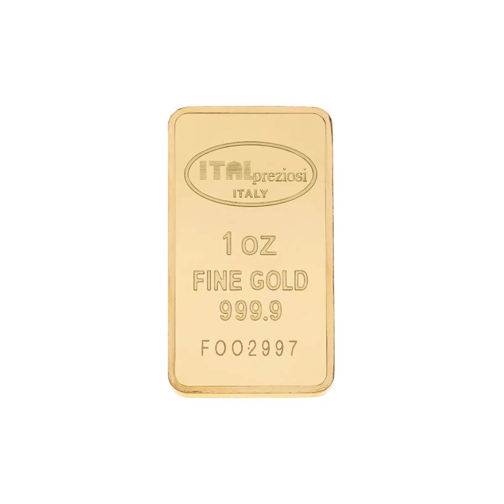 El Lingote de oro 1 onza es rectangular, estampado con ITALpreziosi ITALY, 1 OZ FINE GOLD 999.9 y el número de serie F002997 en el frente.