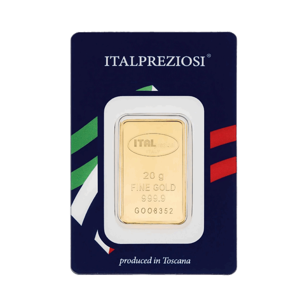 Il Lingotto Oro 20gr, etichettato ITALPREZIOSI, si presenta in un supporto blu con i colori della bandiera italiana e la scritta "Prodotto in Toscana". Il lingotto riporta il peso, la purezza 999,9 e un numero di serie unico.
