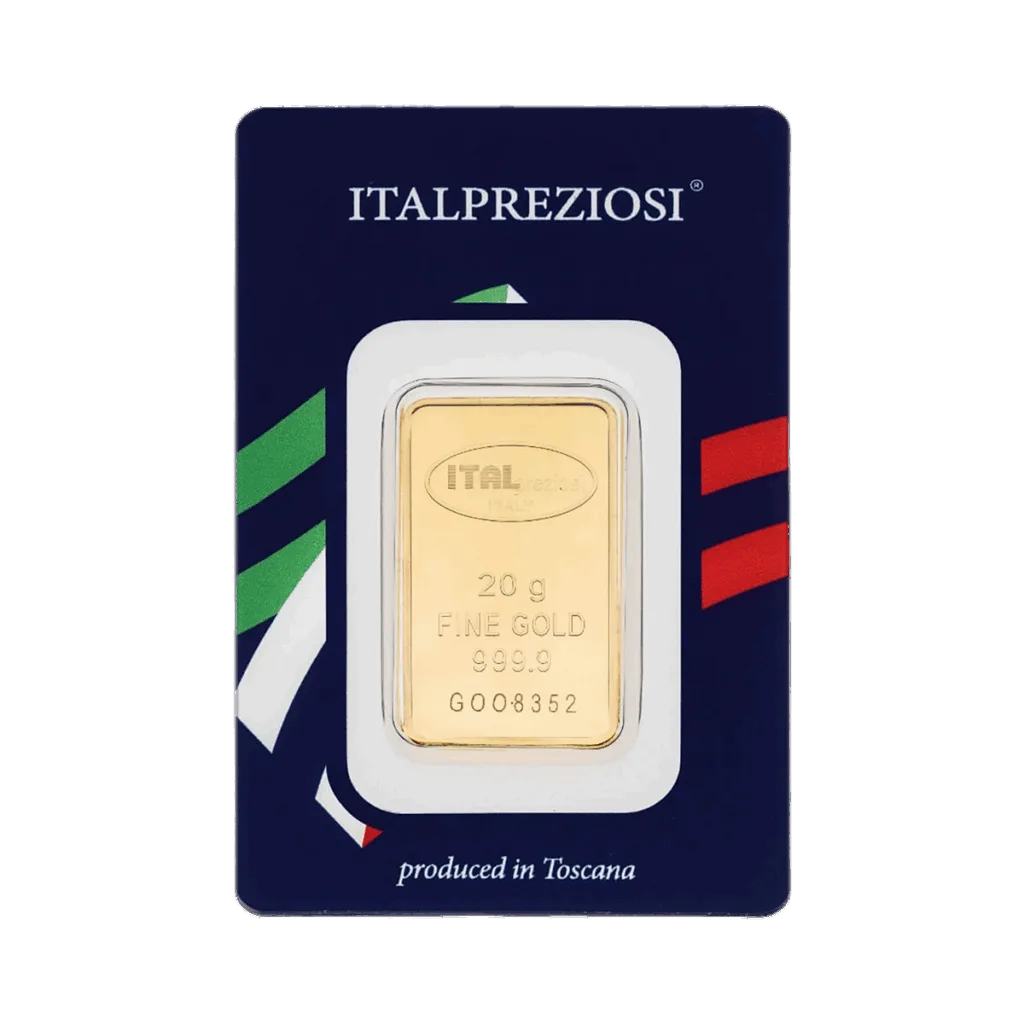 Il Lingotto Oro 20gr, etichettato ITALPREZIOSI, si presenta in un supporto blu con i colori della bandiera italiana e la scritta "Prodotto in Toscana". Il lingotto riporta il peso, la purezza 999,9 e un numero di serie unico.