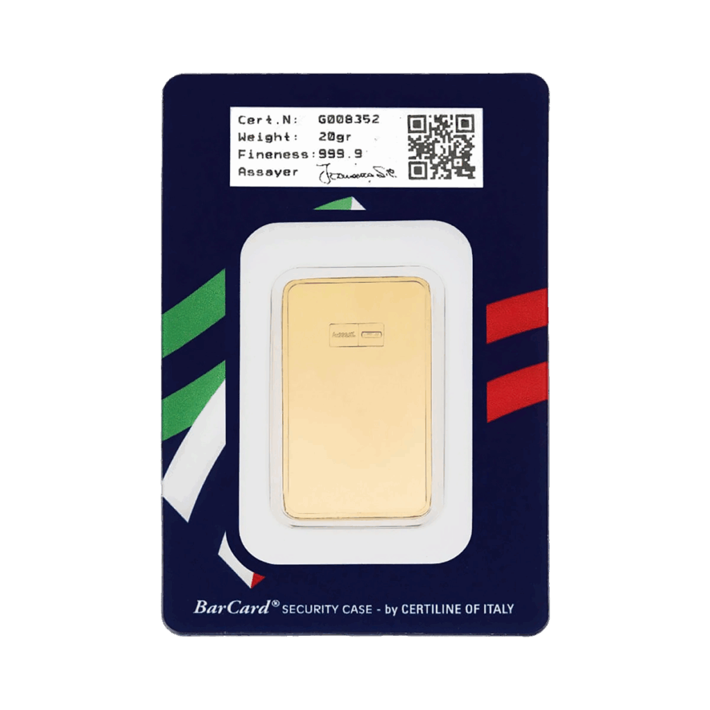 Il Lingotto Oro 20gr è un lingotto d'oro da 20 grammi sigillato in una custodia di sicurezza Certiline BarCard con i dettagli della certificazione, un codice QR e una confezione a tema bandiera italiana.