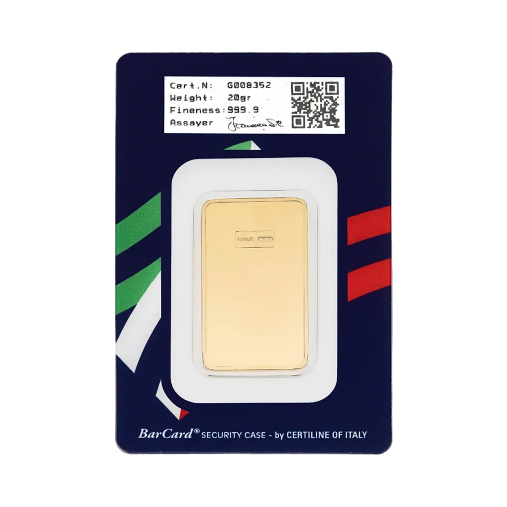 El Lingote de oro 20gr es un lingote de oro 999,9 de ley, 20g sellado en un estuche BarCard® con los datos de certificación en una tarjeta con franjas verdes, blancas y rojas.