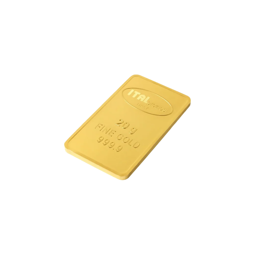 Un Lingote de oro 20gr etiquetado ITALpreziosi, marcado con 20 g ORO FINO 999,9, expuesto sobre fondo blanco.