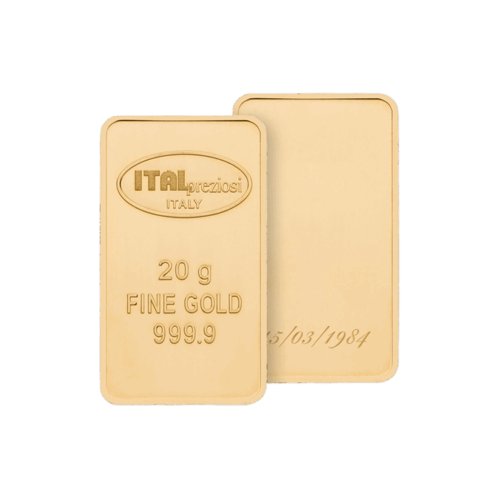 L'immagine mostra due lingotti d'oro Lingotto Oro da 20 grammi: uno inciso con ITALpreziosi ITALIA, 20 g ORO FINE 999,9, e l'altro lato vuoto con un debole numero di serie. Entrambi hanno superfici lisce e angoli arrotondati.