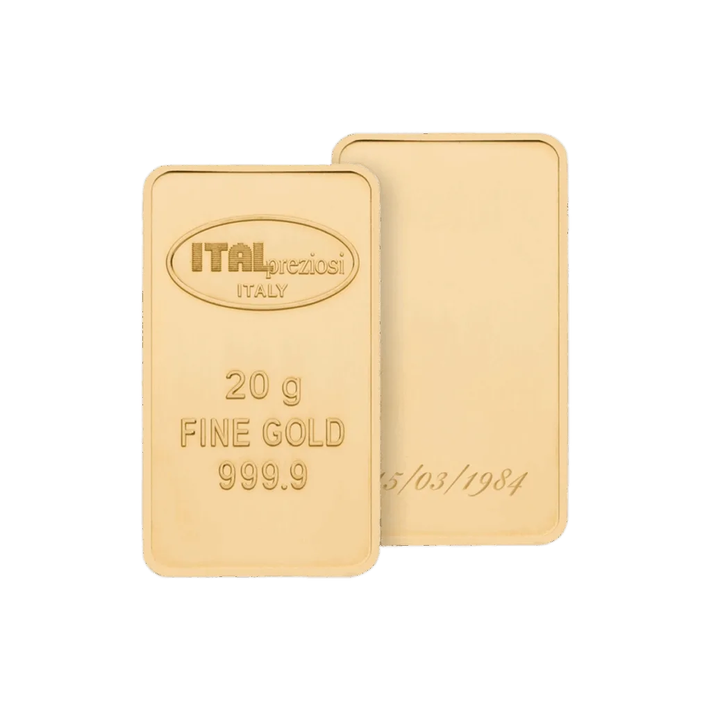 L'immagine mostra due lingotti d'oro Lingotto Oro da 20 grammi: uno inciso con ITALpreziosi ITALIA, 20 g ORO FINE 999,9, e l'altro lato vuoto con un debole numero di serie. Entrambi hanno superfici lisce e angoli arrotondati.