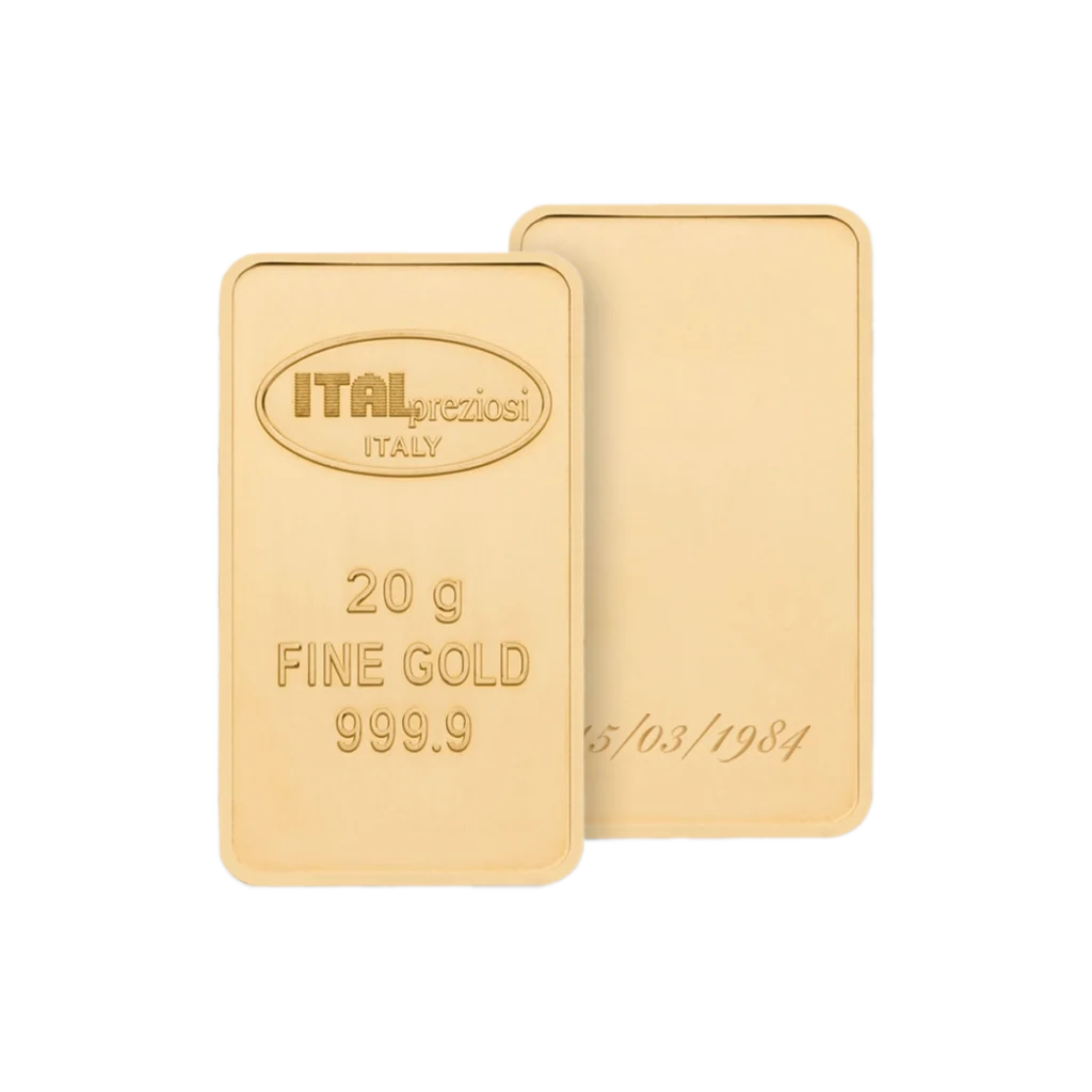 Se muestran dos lingotes de oro rectangulares. El lingote delantero, rotulado "Lingote de oro 20gr", muestra ITALpreziosi ITALY y 20 g FINE GOLD 999.9. El segundo lingote es parcialmente visible por detrás y no está marcado.