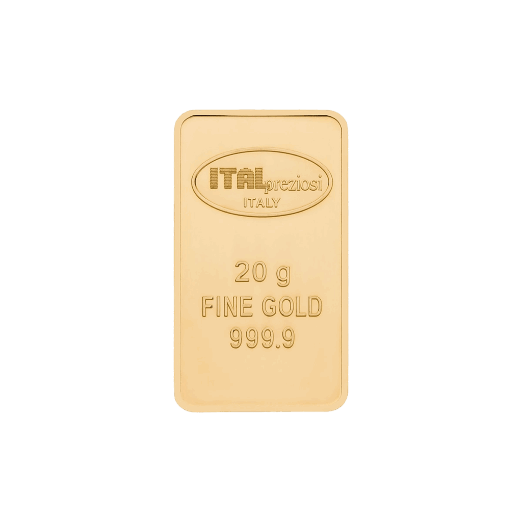 Un lingotto d'oro da 20 grammi con la dicitura ITALpreziosi ITALIA, 20 g ORO FINE e 999,9 è raffigurato su uno sfondo bianco.