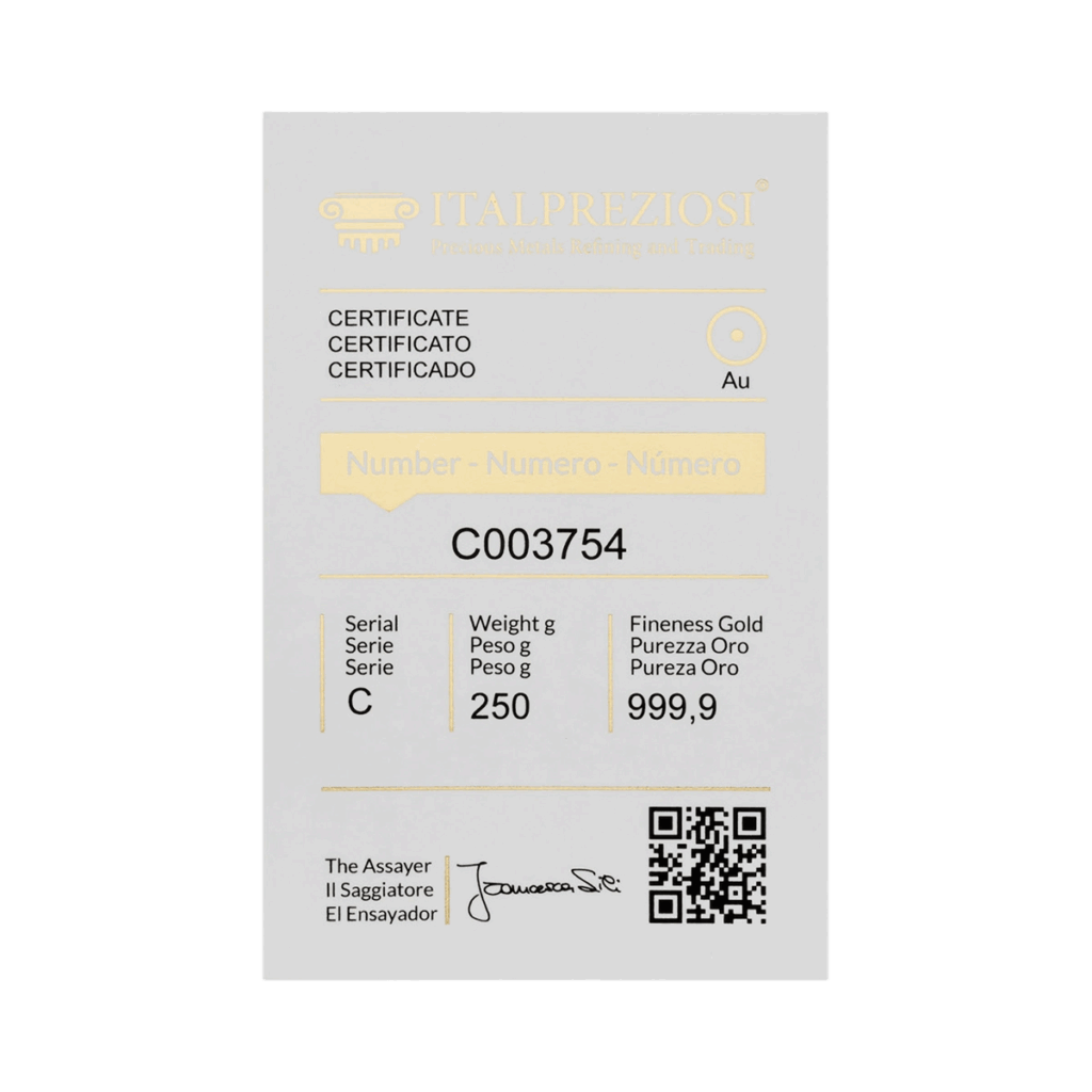 Fronte di un certificato d'oro Lingotto Oro 250gr Italpreziosi con numero di serie C003754, peso di 250gr, finezza dell'oro 999,9, codice QR e testo in inglese, italiano e spagnolo.