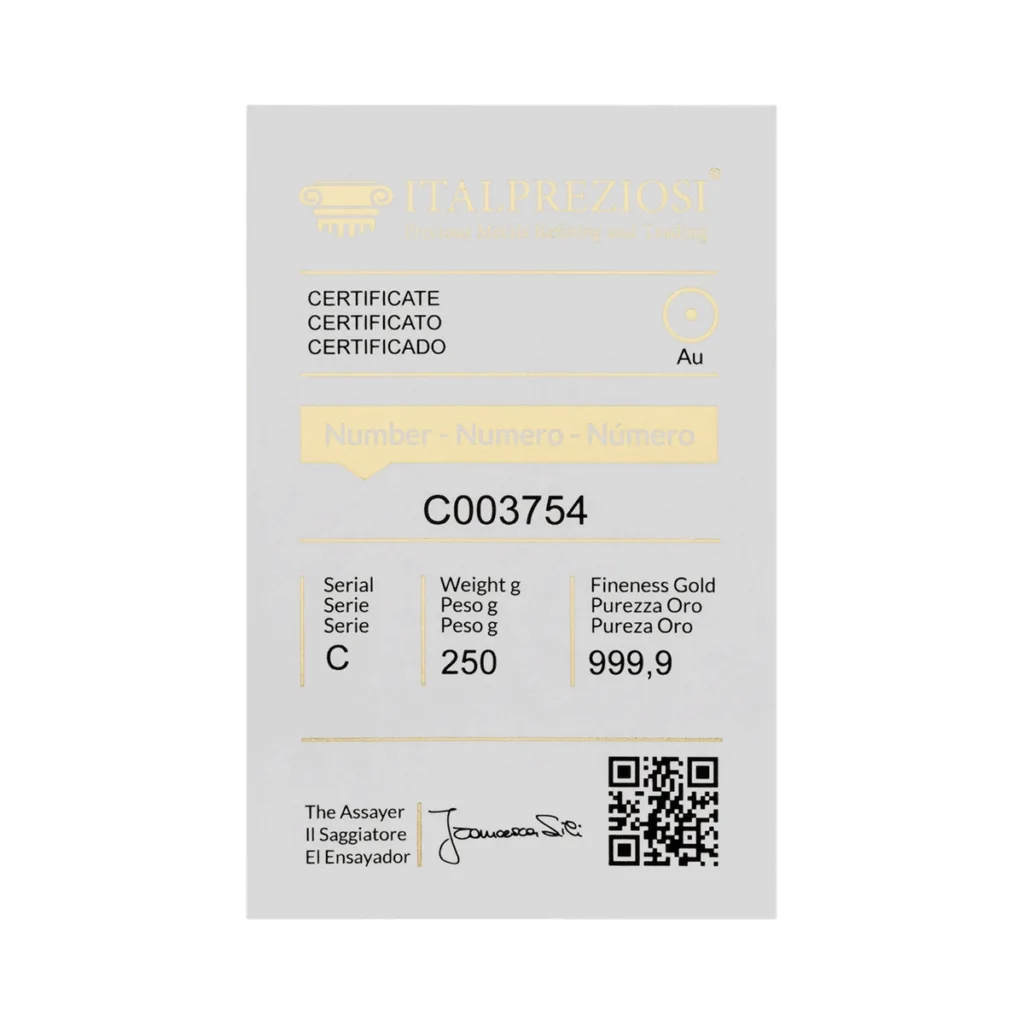 Fronte di un certificato d'oro Lingotto Oro 250gr Italpreziosi con numero di serie C003754, peso di 250gr, finezza dell'oro 999,9, codice QR e testo in inglese, italiano e spagnolo.