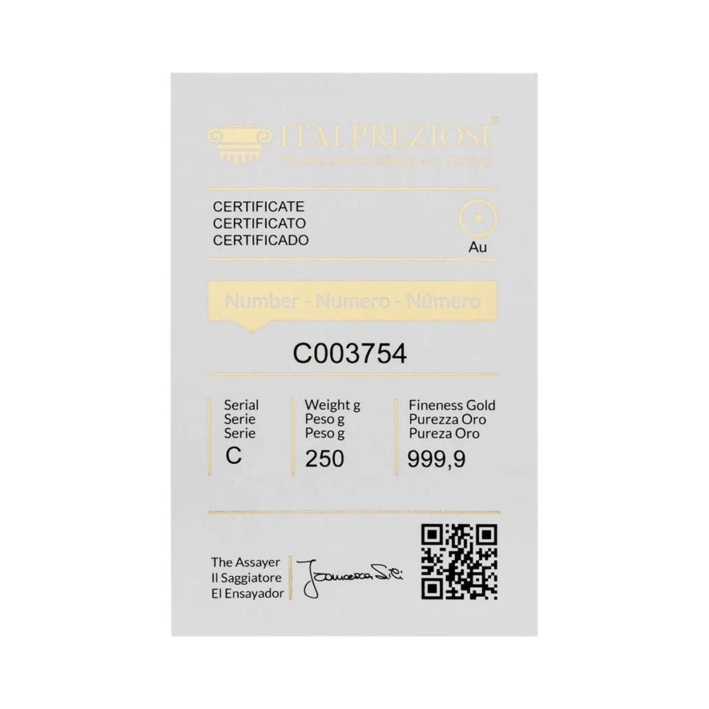 Un certificado de Italpreziosi para el lingote de oro "Lingote de oro 250gr", con el número de serie C003754, 250g de peso y 999,9 de ley, con texto multilingüe, un código QR y una firma en la parte inferior.